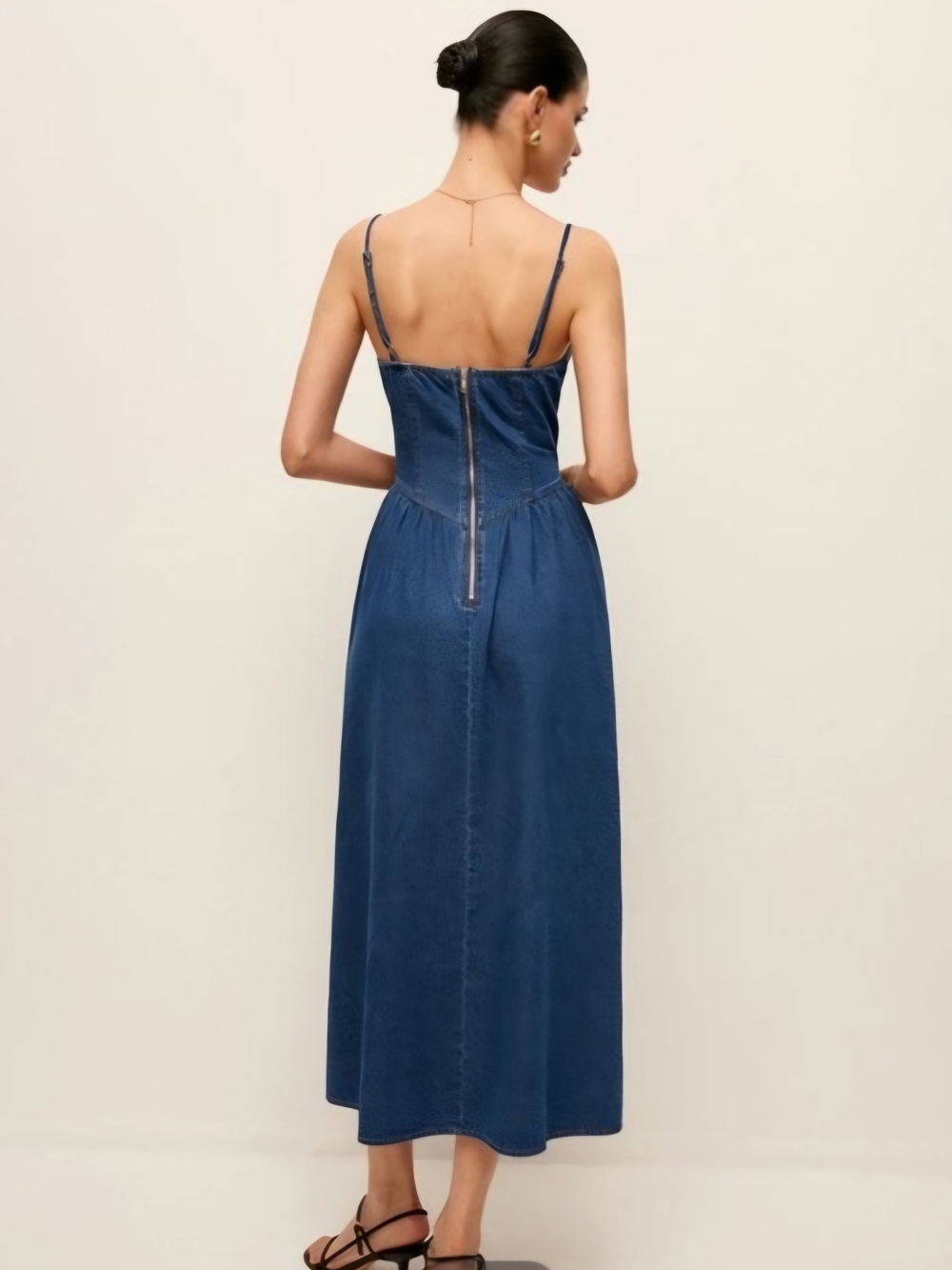 Commense Indigo Denim Midi Dress with Spaghetti Straps Western Flowy A Line - Picture 6 of 13